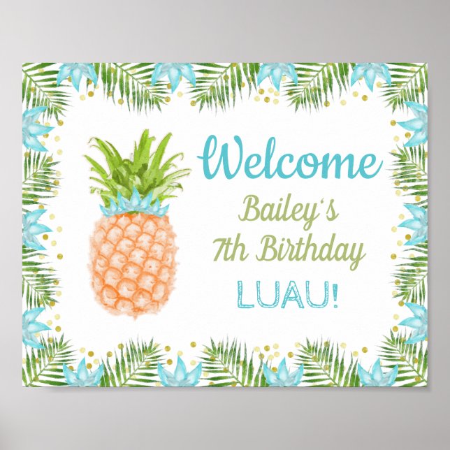 Poster Aloha Luau Anniversaire Décor Bleu Or Bienvenue (Devant)