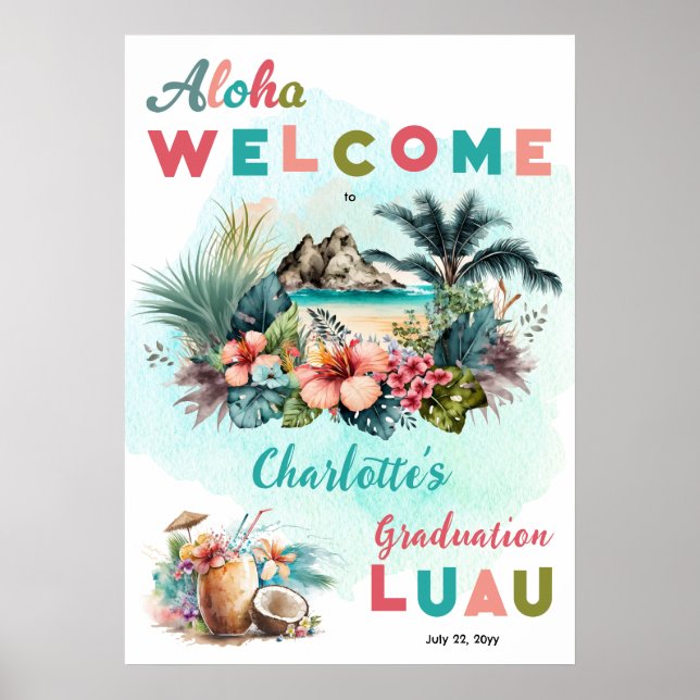 Poster Aloha Luau Tropical Island Beach Graduation Party (Devant)