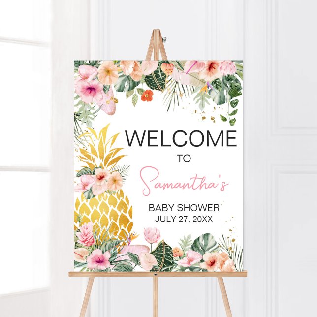 Poster Aloha Pineapple Baby shower Bienvenue (Floral Aloha Baby Shower Welcome Sign)