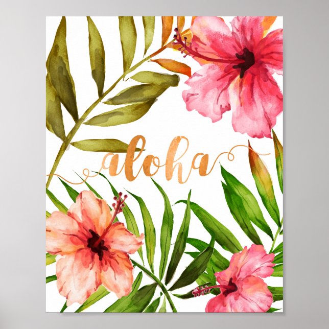 Poster Aloha Tropical Hawaiian Floral Aquarelle (Devant)