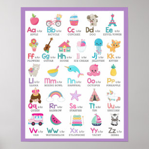 Poster Alphabet A à Z Enfants Bébé Nurserie sur Violet
