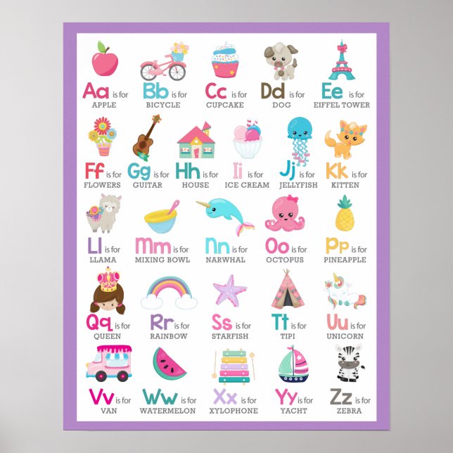 Poster Alphabet A à Z Enfants Nourriture bébé sur pourpre (Devant)