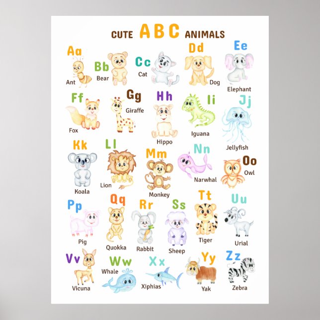 Poster Alphabet Animal ABC Mets animaux (Devant)