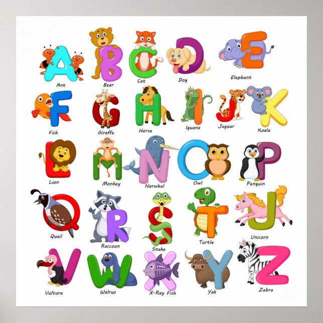Poster Alphabet Animal Clipart Apprentissage des enfants (Devant)