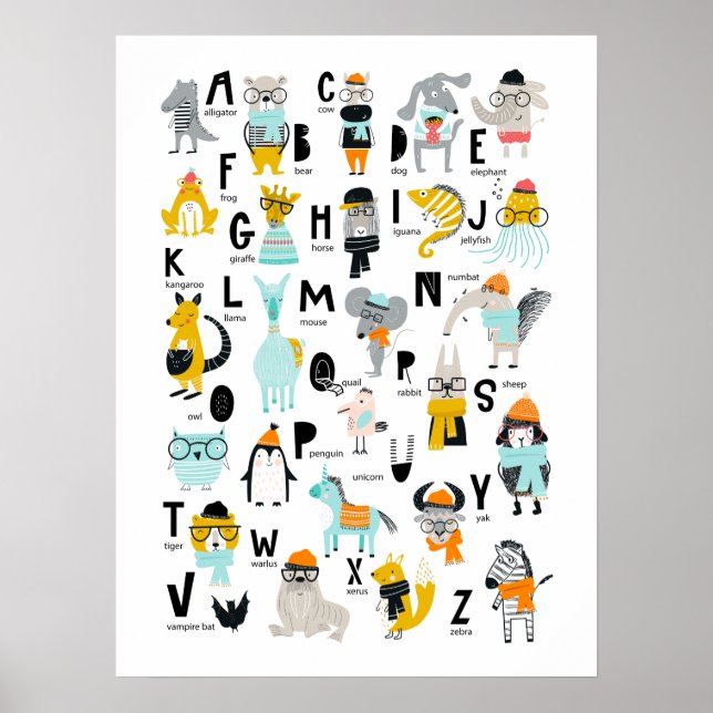 Poster Alphabet Animaux Mignons | Certains Ont Des Chapea (Devant)