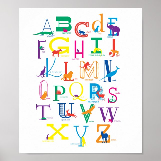 Poster alphabet avec silhouettes animales en coule (Devant)