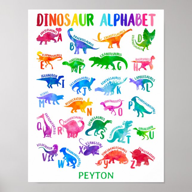 Poster Alphabet Dinosaure Aquarelle Coloré Dino Enfants (Devant)