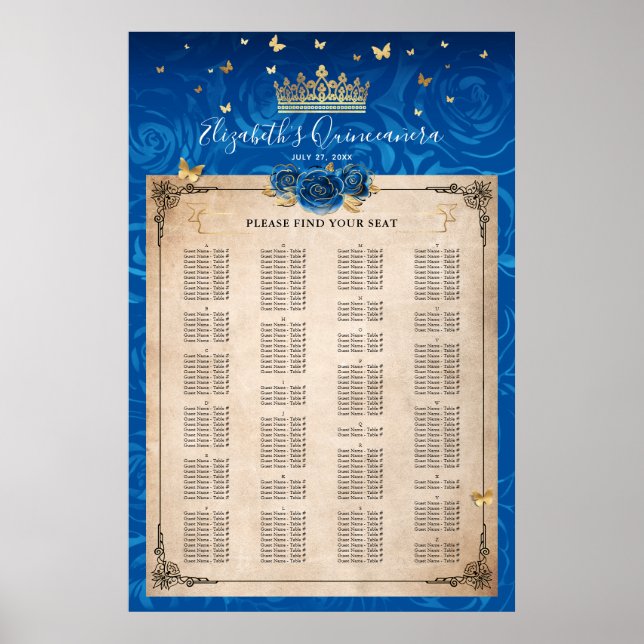Poster Alphabetical Royal Blue and Gold Roses Seating (Devant)