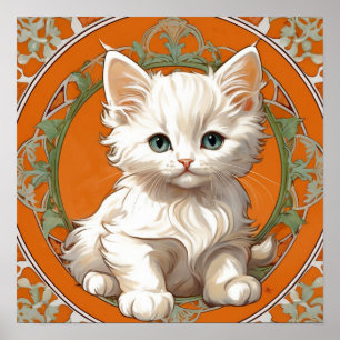 Poster Alphonse Mucha Art Nouveau Kitten blanc