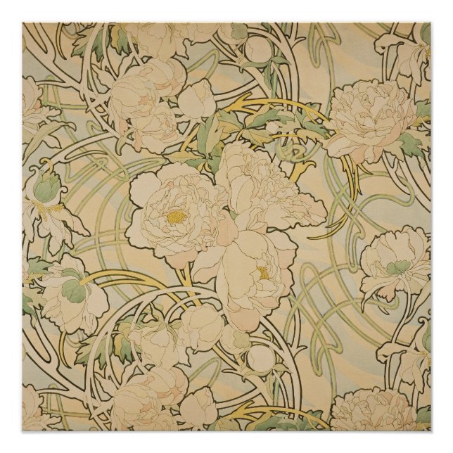 Poster Alphonse Mucha - Peonies (Devant)