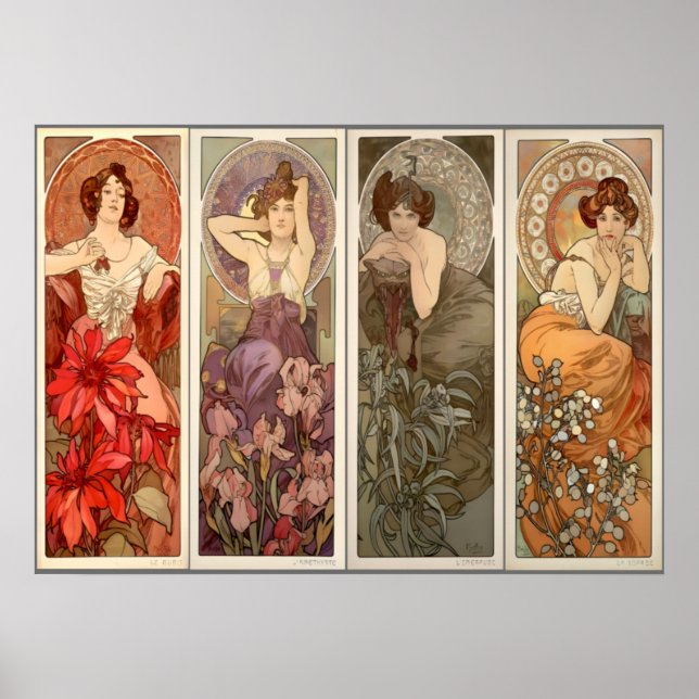 Poster Alphonse Mucha, Quatre Pierres Précieuses (Devant)