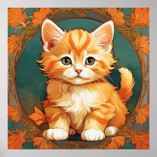 Poster Alphonse Mucha Style Chat orange