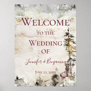 Poster Alpine Mountain Stag Bourgogne Bienvenue Mariage