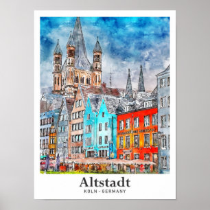 Poster Altstadt Koln Allemagne Voyage Aquarelle main tiré