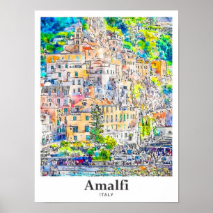 Poster Amalfi Italie Voyage Aquarelle main tirée