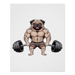 Poster Amateur de pug musclé de levage de poids Kawaii