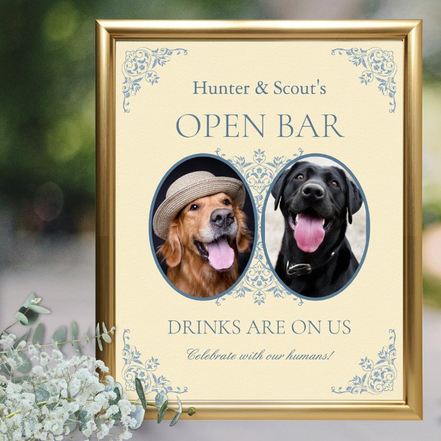 Poster Amateurs d'animaux de compagnie Jaune Chic Mariage (elegant butter yellow wedding open bar sign for pet lovers with 2 photos and vintage border design)