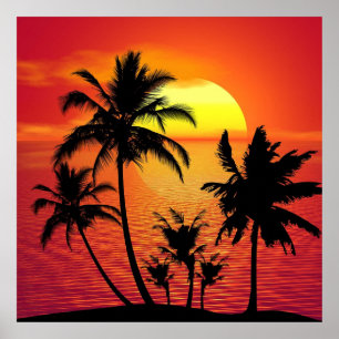 Poster Amazing sunset with palms on tropical beach