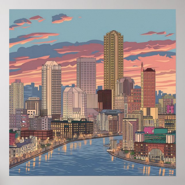 Poster America Boston City Skyline, Boston Ma Us Skyline (Devant)