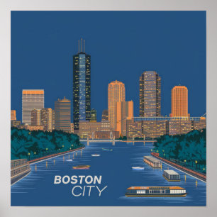 Poster America Boston City Skyline, Boston Ma Us Skyline