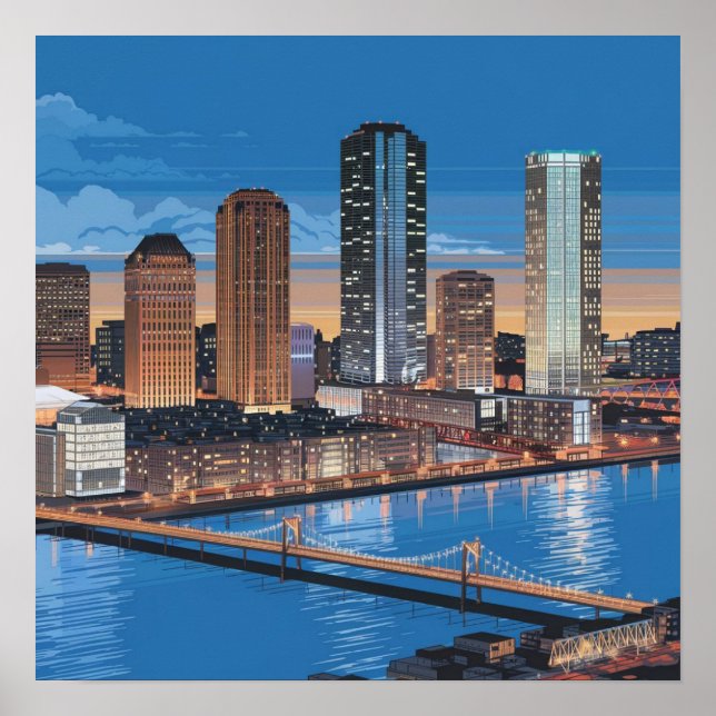 Poster America Boston City Skyline, Boston Ma Us Skyline (Devant)
