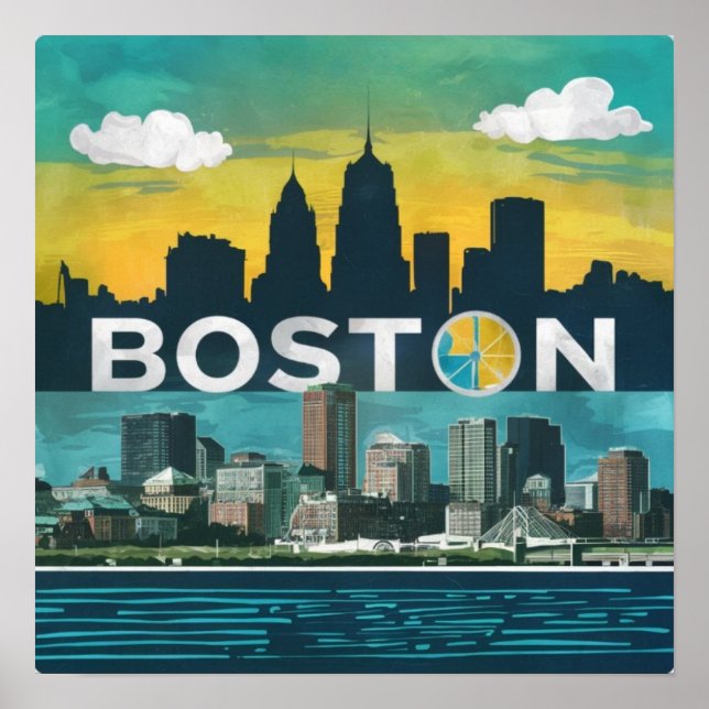 Poster America Boston City Skyline, Boston Ma Us Skyline (Devant)