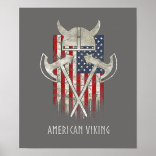 Poster Américain Viking. Drapeau, affligé, casque, hache