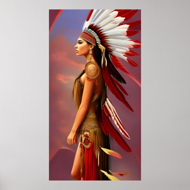 Poster Américaine Indienne rouge plumes blanches or (Devant)
