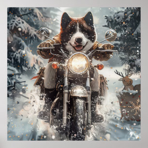 Poster American Akita Dog équitation moto Noël