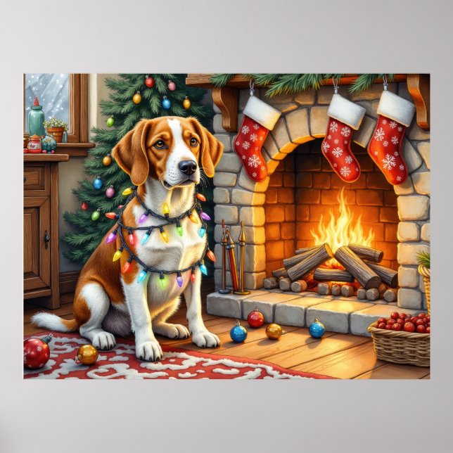 Poster American English Foxhound Christmas Lights  (Devant)