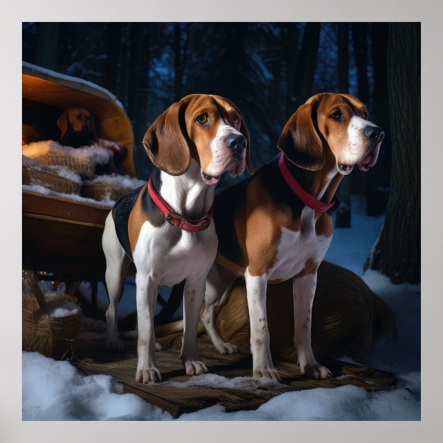 Poster American English Foxhound Snowy Sleigh Noël (Devant)