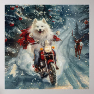 Poster American Eskimo Dog équitation moto Noël