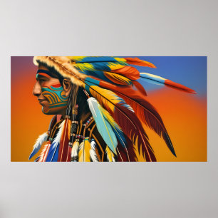 Poster American Indian Man plumes Orange bleu tatouage