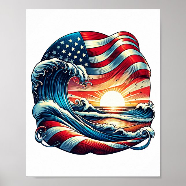 Poster American USA Flag Beach Wave Sunset Patriotic Art (Devant)