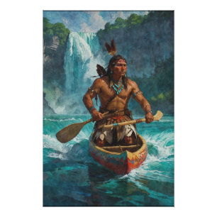 Poster Amérindien, canoé et cascade