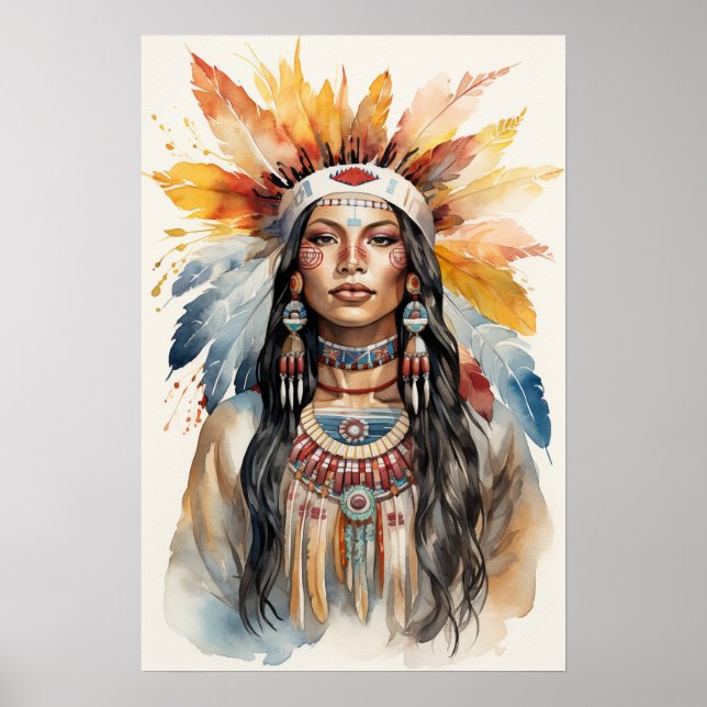 Poster Amérindien Princess Watercolor Art (Devant)