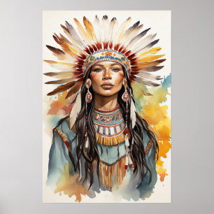 Poster Amérindien Princess Watercolor Art