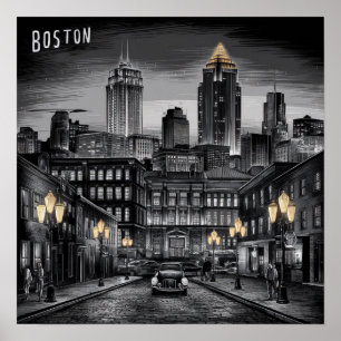 Poster Amérique vintage Boston City Skyline, Boston Ma Us