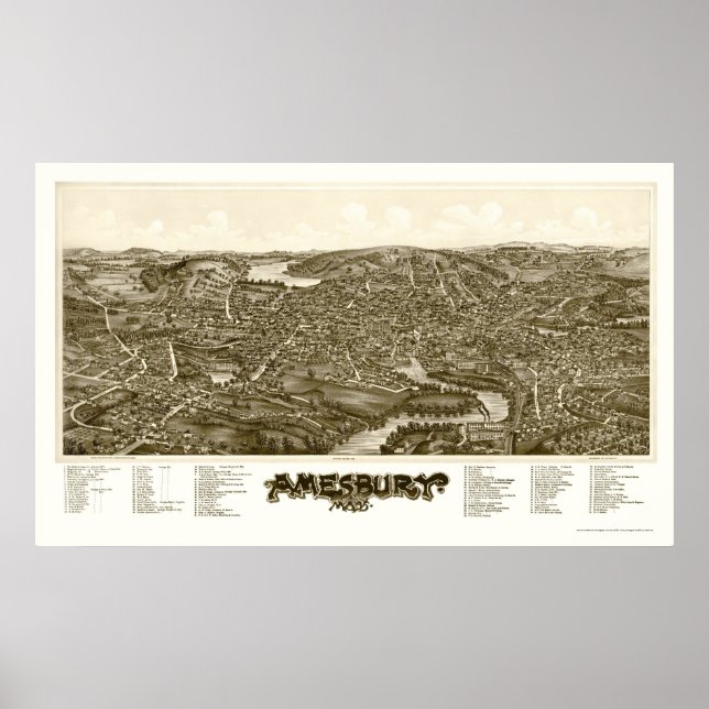 Poster Amesbury, MA Carte panoramique - 1890 (Devant)