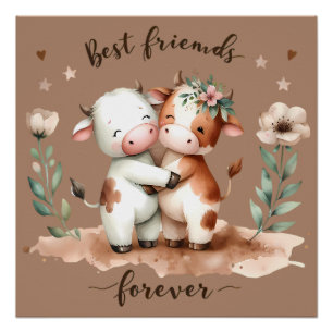 Poster Amis Câlins de Vache Mignons Art Floral