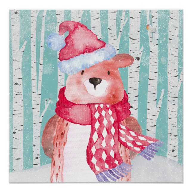 Poster Amis des animaux des forêts d'hiver - Ours (Devant)