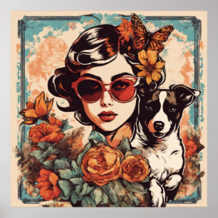 Poster Amis fille et chien