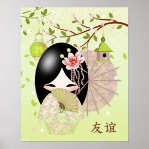 Poster Amitié, Poupée Kokeshi Dans Les Mélanges Vert Prin