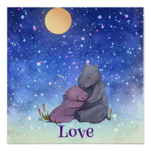 Poster Amour, bébé hippopotame et sa mère