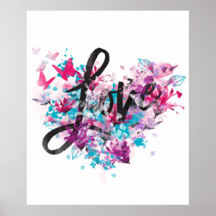 Poster Amour coloré Floral Papillon Coeur