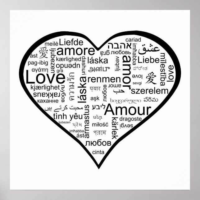 Poster Amour dans de nombreuses langues Coeur (Devant)