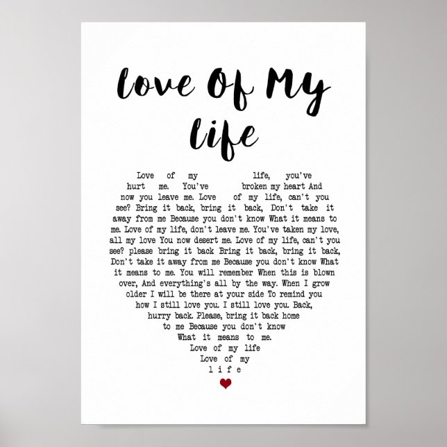 Poster Amour De Ma Vie Coeur Chanson Lyrique Mur Art Impr (Devant)