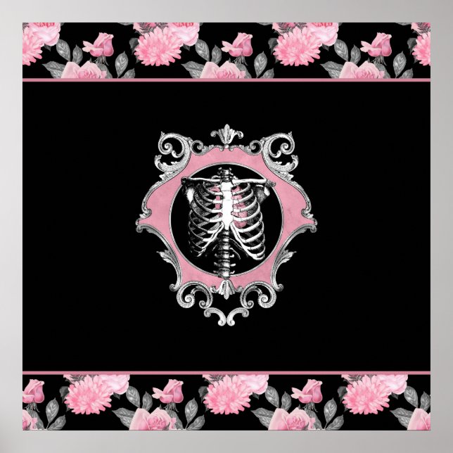 Poster Amour gothique | Squelette rose et noir Coeur flor (Devant)
