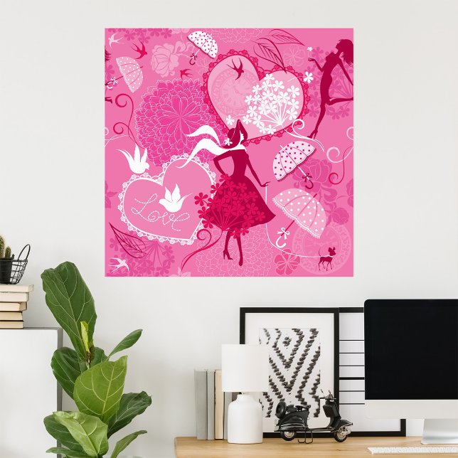 Poster Amour romantique Silhouette Motif Coeurs roses (Créateur téléchargé)