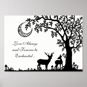 Poster Amour toujours enchanté lune arbre et cerf couple